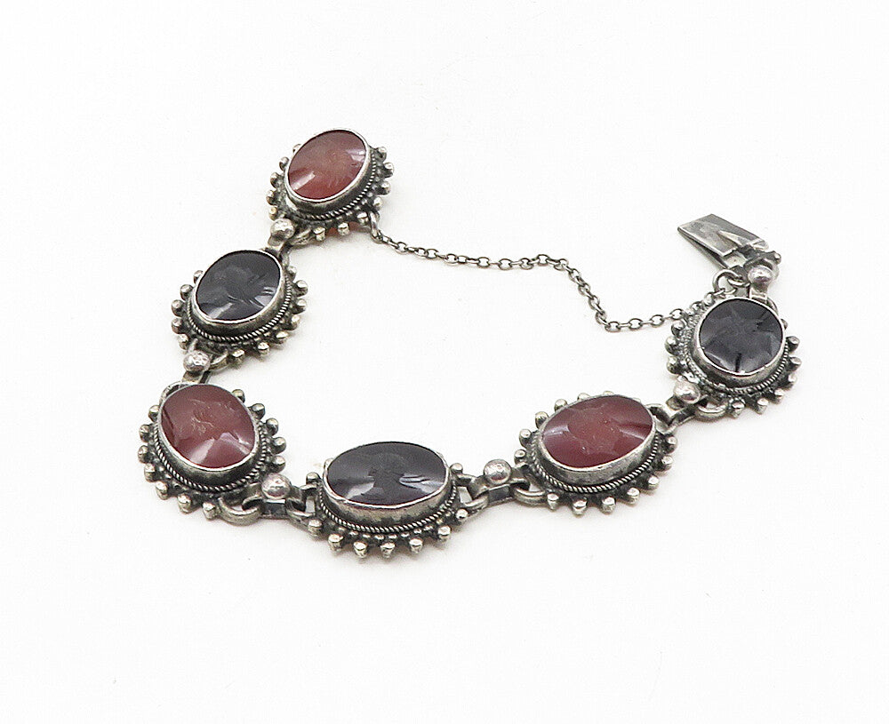 925 Sterling Silver  Vintage Black Onyx & Carnelian Chain Bracelet  BT4114