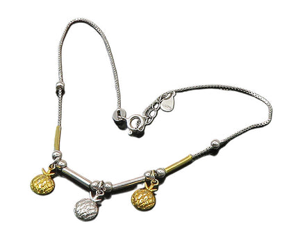 925 Sterling Silver  Vintage Shiny Two Tone Charmed Chain Bracelet  BT8750