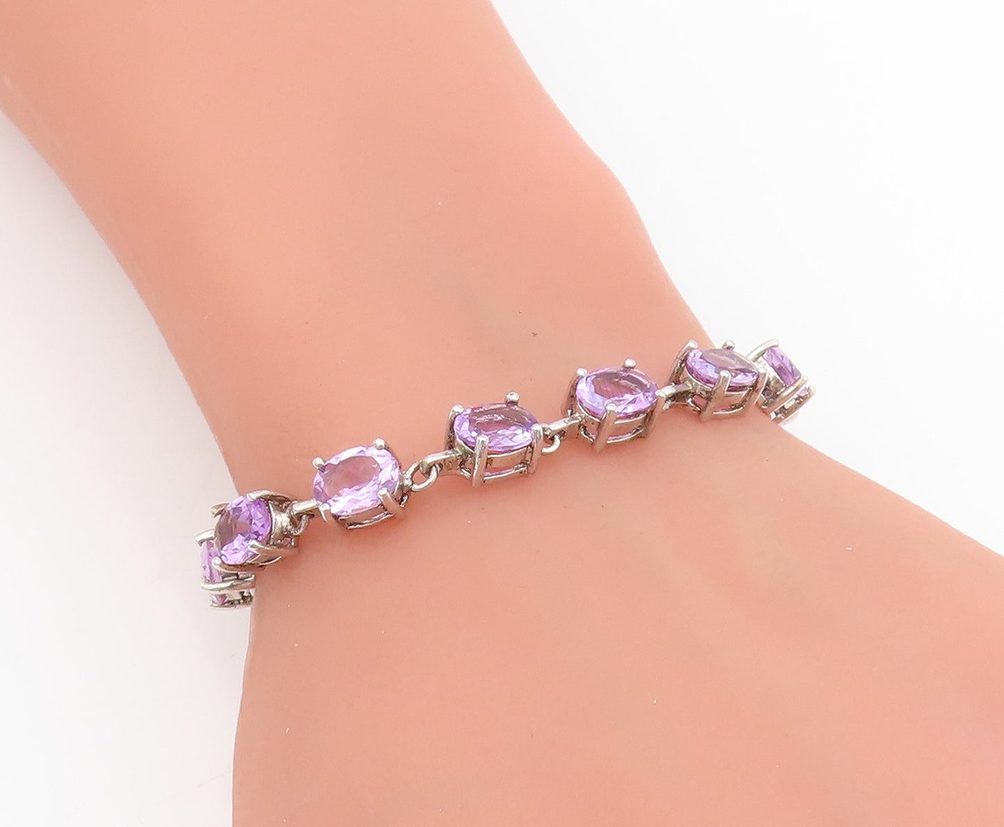 925 Sterling Silver Vintage Bracelet Elegant Real Amethyst Link Chain  BT11544