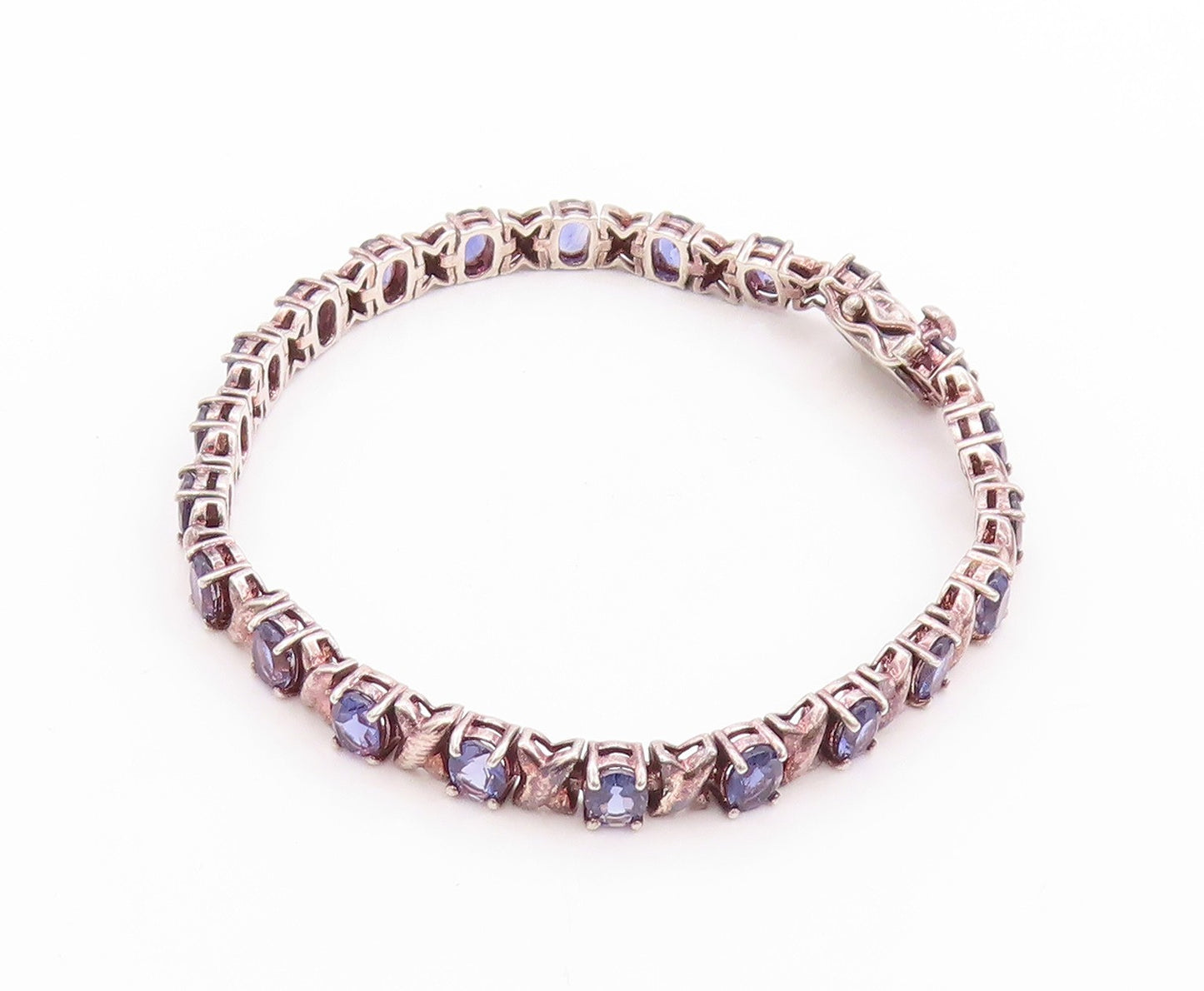925 Sterling Silver Vintage Bracelet Oval Cut  Amethyst X Carved Links BT11254