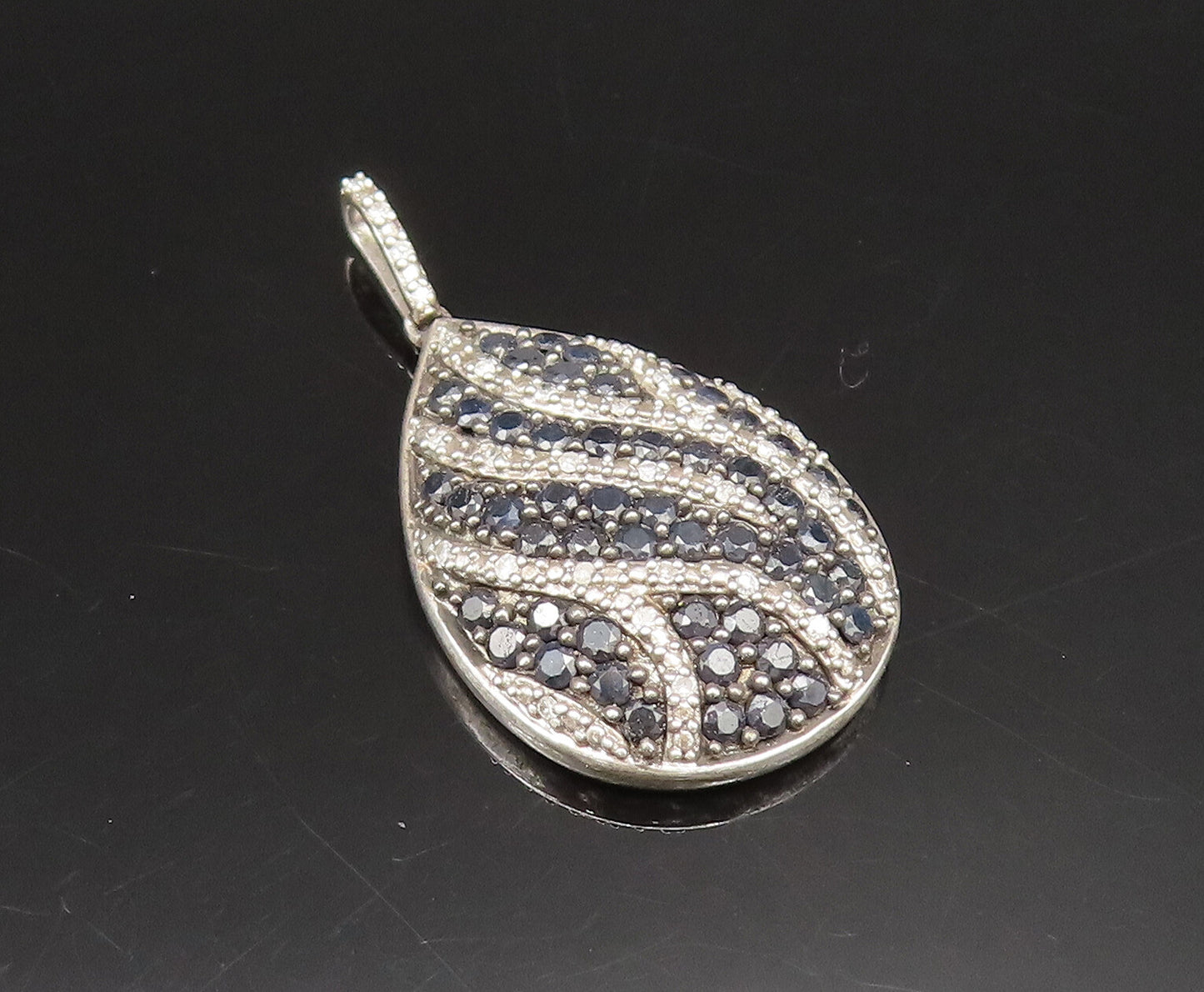925 Silver  Vintage Genuine Diamonds & Black Spinel Pear Shape Pendant PT21167