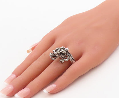 925 Sterling Silver Vintage Ring Dark Tone Carved Angry Dragon  Sz 9  RG31692