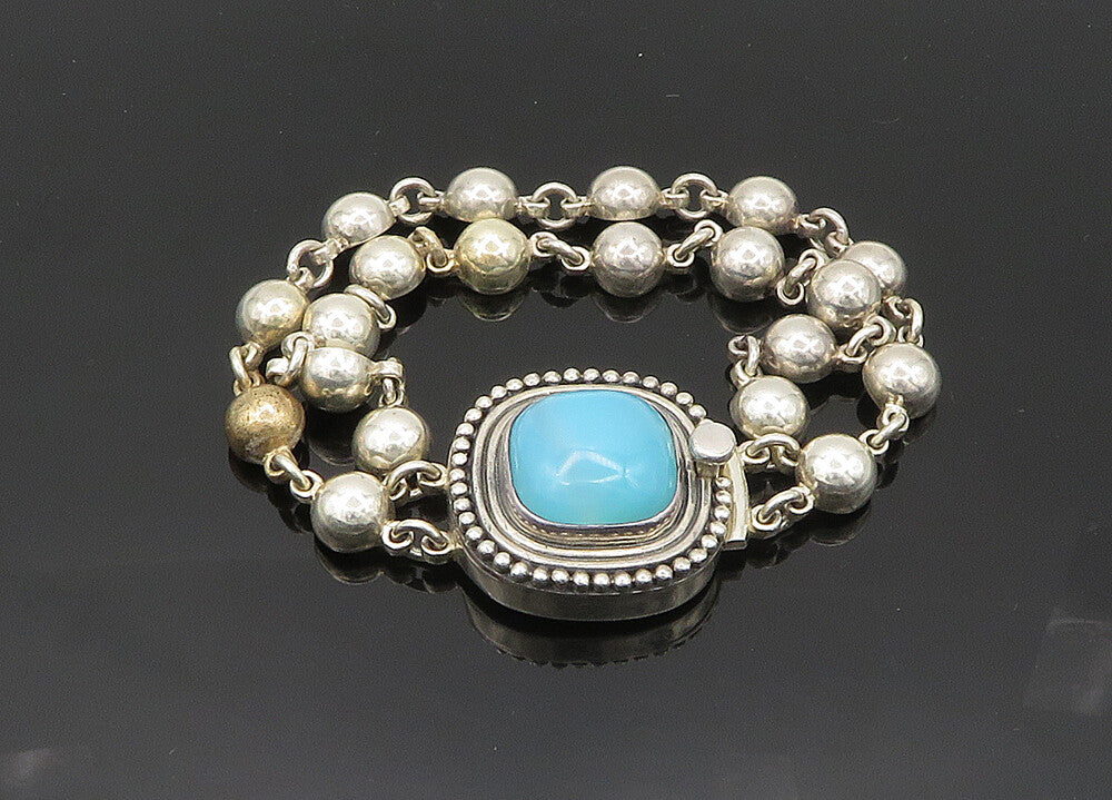 DESIGNER 925 Silver  Vintage Cabochon Blue Chalcedony Chain Bracelet  BT8232