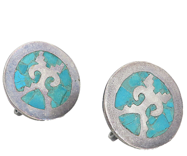 MEXICO 925 Silver  Vintage Inlaid Turquoise Non Pierce Drop Earrings  EG4302