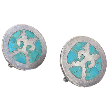 MEXICO 925 Silver  Vintage Inlaid Turquoise Non Pierce Drop Earrings  EG4302