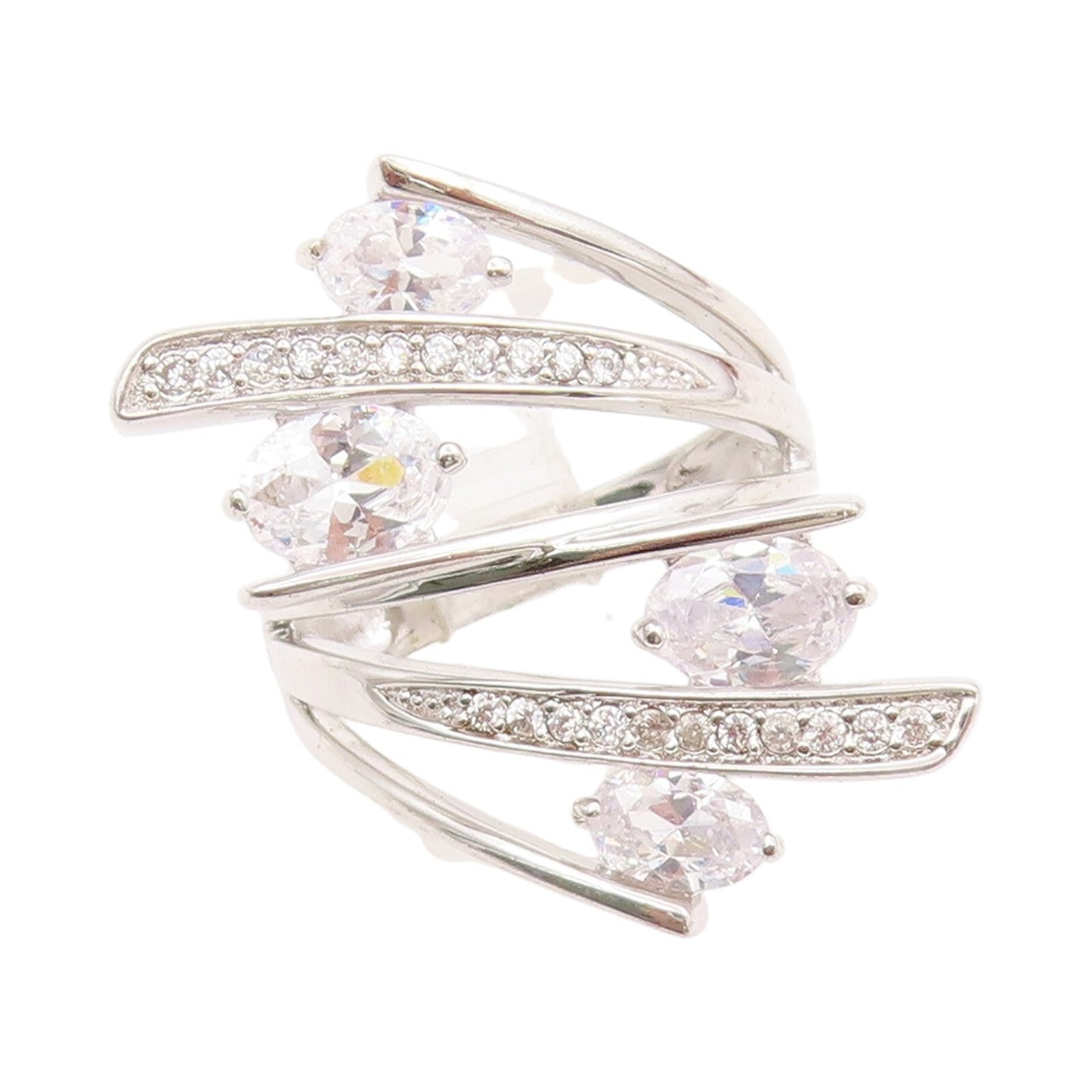 925 Sterling Silver Vintage Ring Designer Bypass Cutout CZ Inlay Sz 7 RG31894