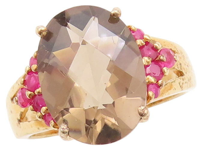 925 Sterling Silver Vintage Ring Gold Plated Smoky Quartz & Ruby  Sz 7  RG29770