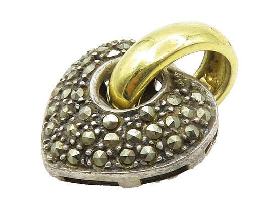 925 Sterling Silver  Vintage Marcasite Love Heart Two Tone Pendant  PT12463