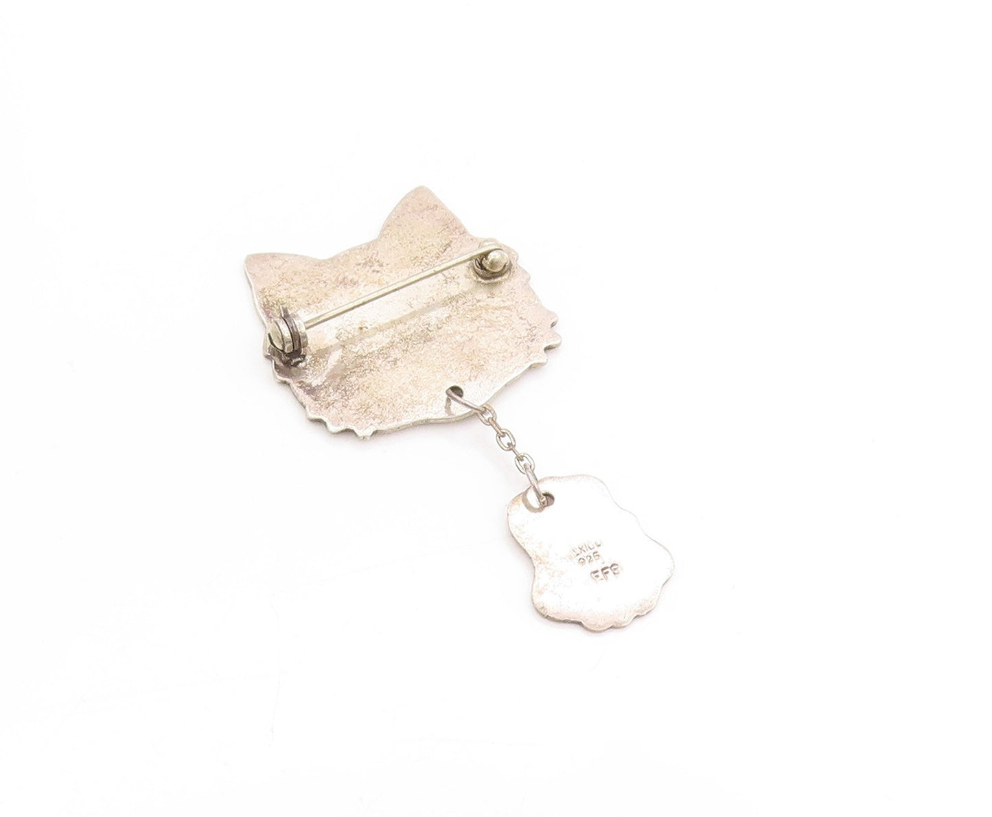 925 Sterling Silver Vintage Brooch MEXICO Frenemies Cat & Mouse Dangle  BP11856