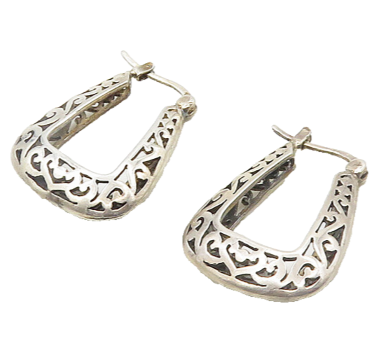 925 Sterling Silver  Vintage Shiny Heart Swirl Pattern Hoop Earrings  EG9551