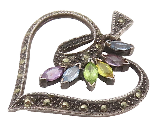 925 Silver  Vintage Multicolor Topaz And Marcasite Swirl Heart Pendant PT22199