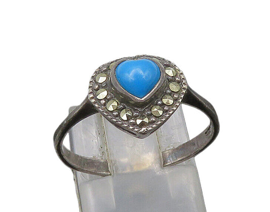 925 Silver  Vintage Turquoise & Marcasite Love Heart Band Ring Sz 8  RG21288