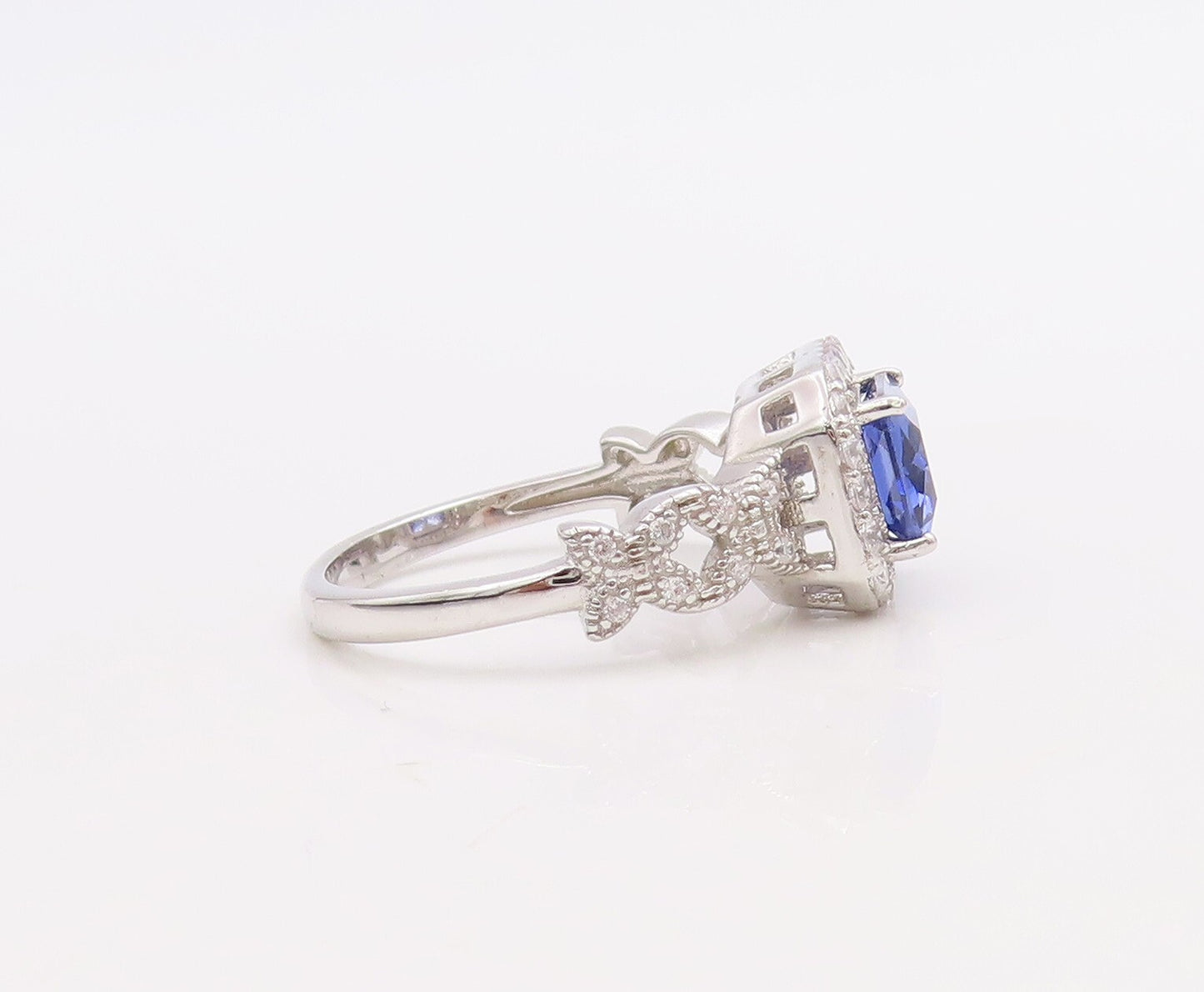 925 Sterling Silver Vintage Ring Designer Rectangle Sapphire & CZ Sz 7  RG30984