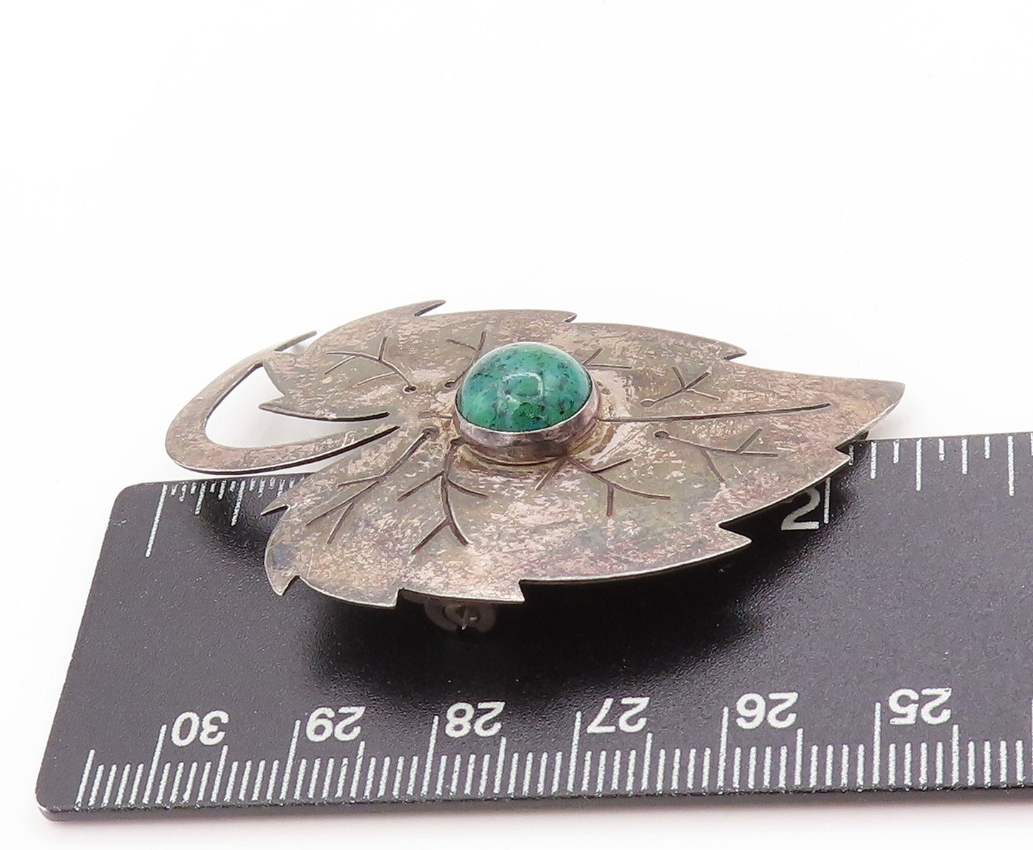 925 Sterling Silver Vintage Brooch ISRAEL Turquoise Etched Grape Leaf  BP11859