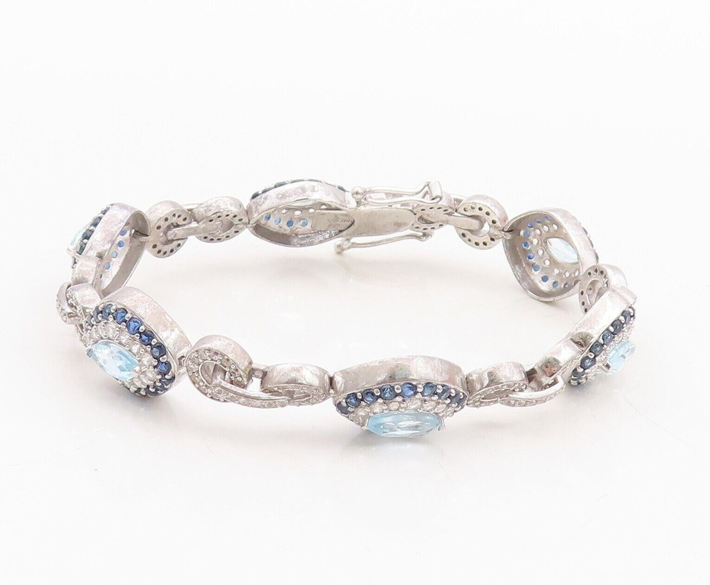 925 Sterling Silver Vintage Bracelet Marquise Cut Topaz Halo Sapphire CZ BT10767