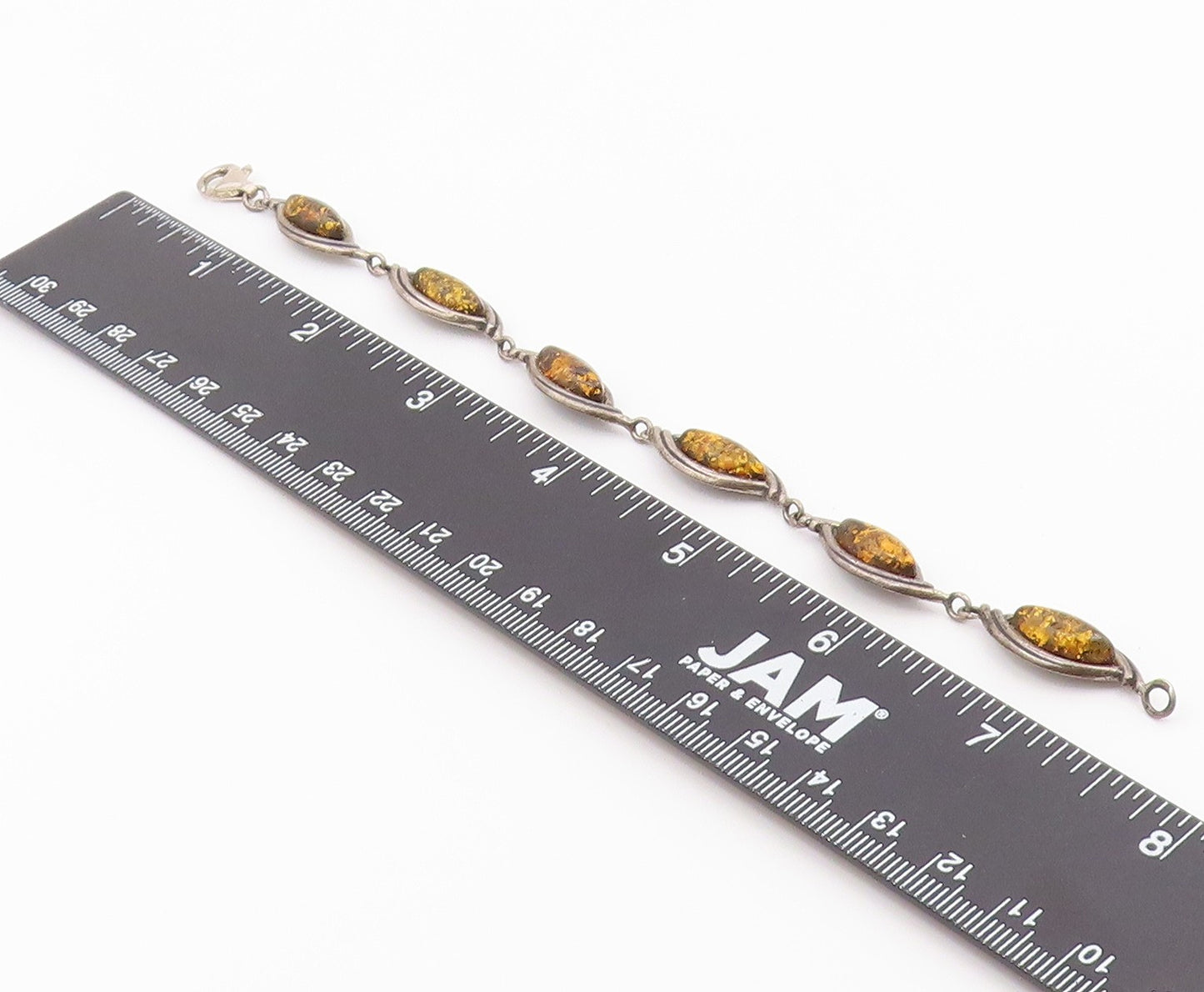 925 Sterling Silver Vintage Bracelet Green Baltic Amber Marquise Link  BT12178