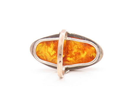 925 Sterling Silver Vintage Ring POLAND Large Oval Honey Amber  Sz 8.5  RG32822