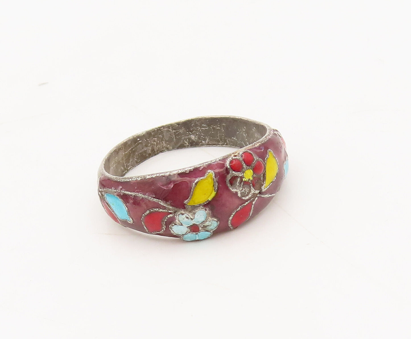 CHINESE 925 Silver  Vintage Antique Painted Flower Solid Ring Sz 6.5  RG27274