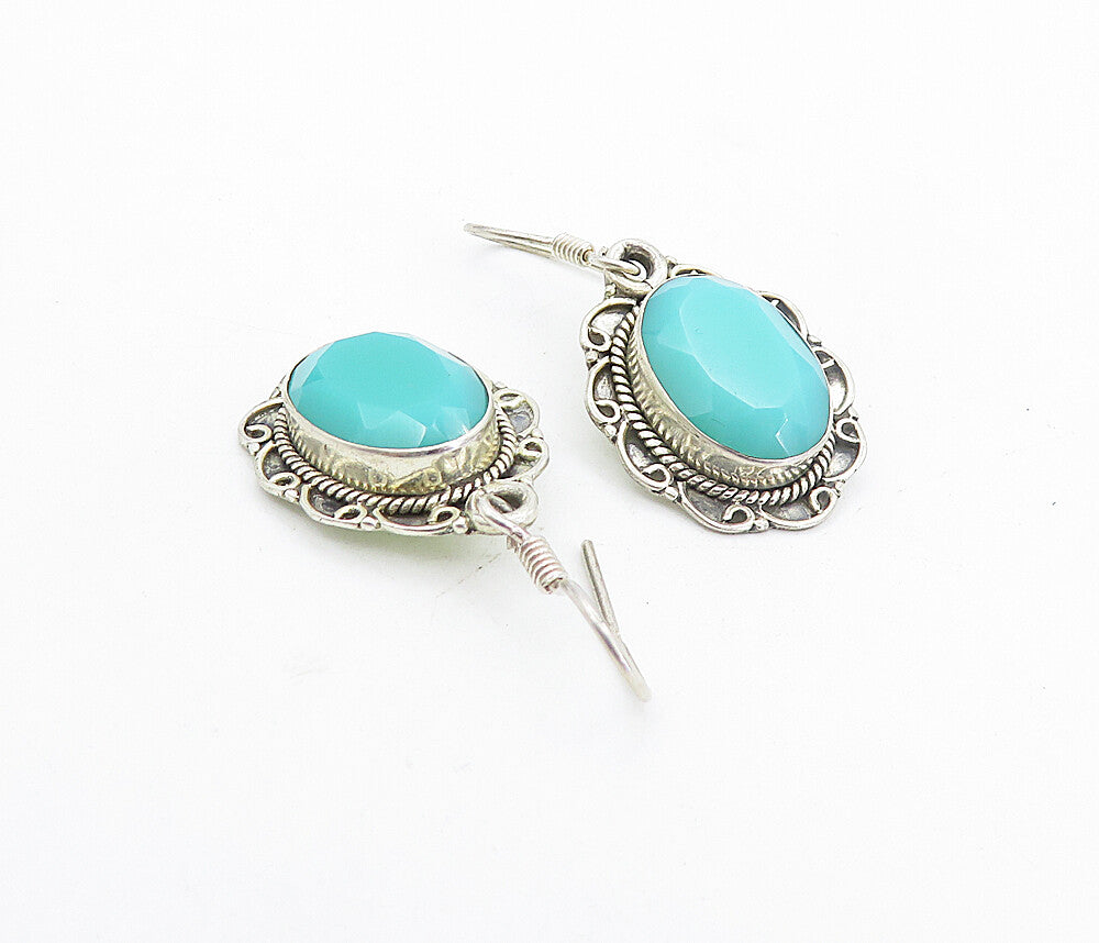 925 Sterling Silver Vintage Aqua Chalcedony Swirl Dangle Earrings EG3619