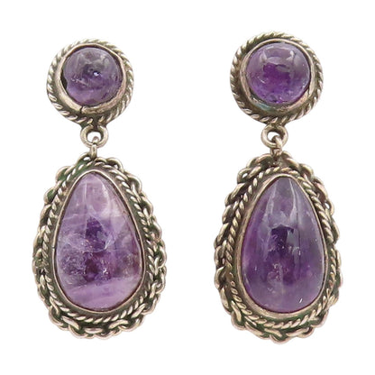 925 Sterling Silver Vintage Earrings Real Cabochon Amethyst Teardrop  EG13839