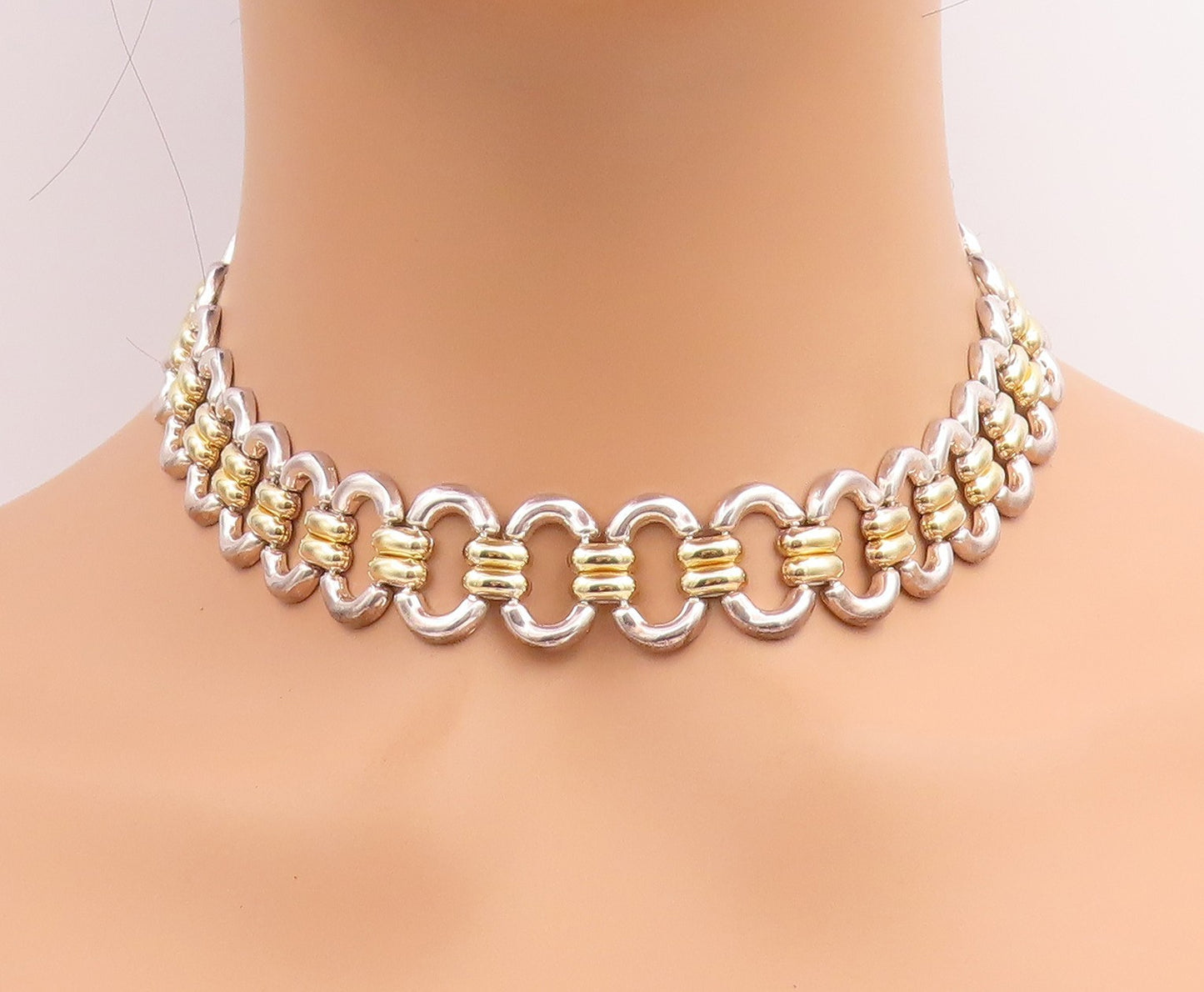925 Sterling Silver Vintage Necklace Two Tone Modernist Oval Link Choker  NE4781