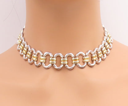 925 Sterling Silver Vintage Necklace Two Tone Modernist Oval Link Choker  NE4781