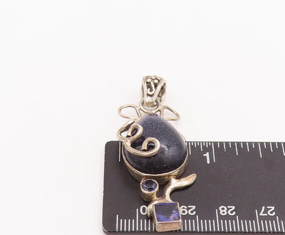 925 Sterling Silver Vintage Pendant Drop Goldstone Swirl Carved Amethyst PT22856
