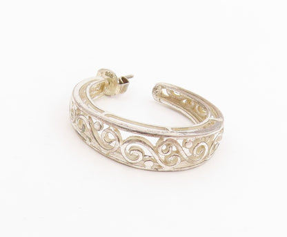 925 Sterling Silver Vintage Earrings Classic Intricate Scrollwork Hoops  EG13808