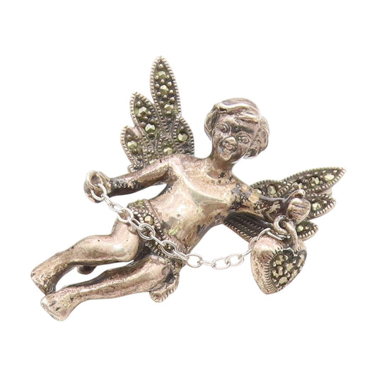 925 Sterling Silver Vintage Brooch Pin Marcasite Winged Cherub Angel  BP12200