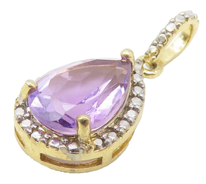 925 Sterling Silver  Amethyst Gold Plated Shiny Tear Drop Pendant  PT9187