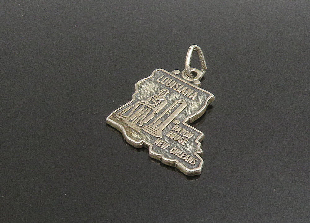 925 Sterling Silver  Vintage Dark Tone Louisiana State Map Pendant  PT19084
