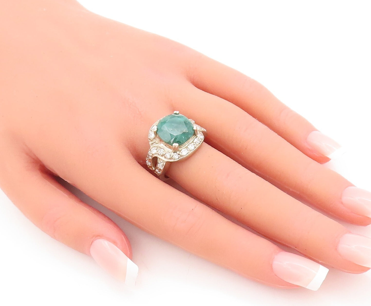 925 Sterling Silver Vintage Ring Square Green Gemstone Topaz Inlay Sz 8  RG29298