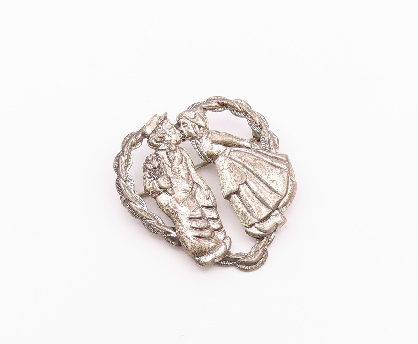 BEAU 925 Silver  Vintage Antique Kissing Couple Love Heart Brooch Pin  BP9439