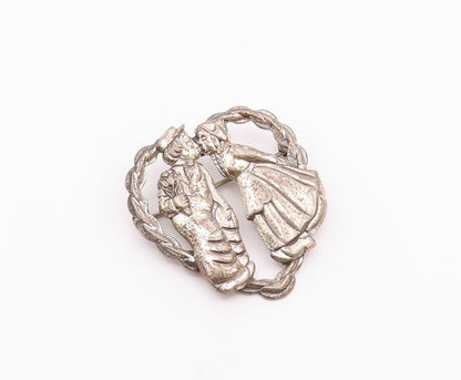 BEAU 925 Silver  Vintage Antique Kissing Couple Love Heart Brooch Pin  BP9439