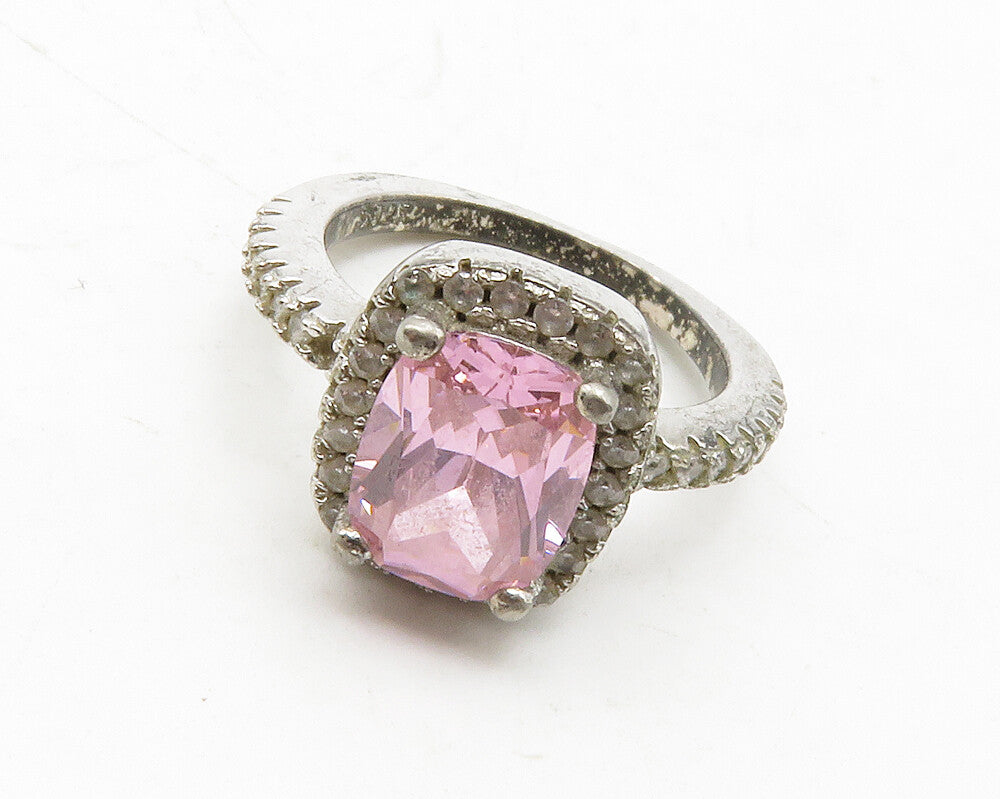 925 Sterling Silver  Vintage Pink Cubic Zirconia Square Band Ring Sz 5 RG13686