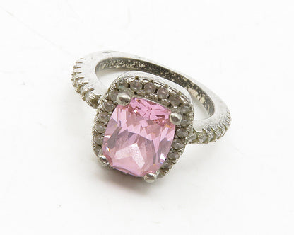 925 Sterling Silver  Vintage Pink Cubic Zirconia Square Band Ring Sz 5 RG13686