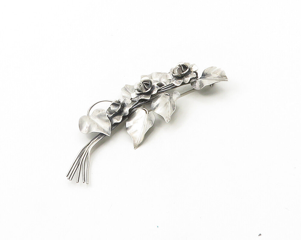 925 Sterling Silver  Vintage Sculpted Flower Bunch Smooth Brooch Pin  BP7455