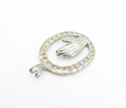 925 Sterling Silver  Vintage Petite Prayer Hands Oval Border Pendant  PT4675