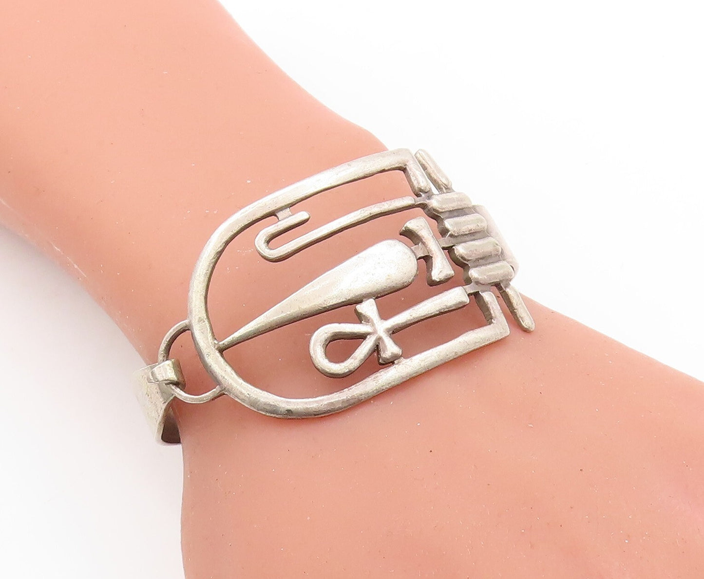 925 Sterling Silver Vintage Bracelet Middle East Egyptian Symbols Bangle BT10919