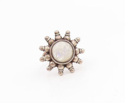 925 Sterling Silver Vintage Ring Cabochon Moonstone Floral Band  Sz 7  RG35436