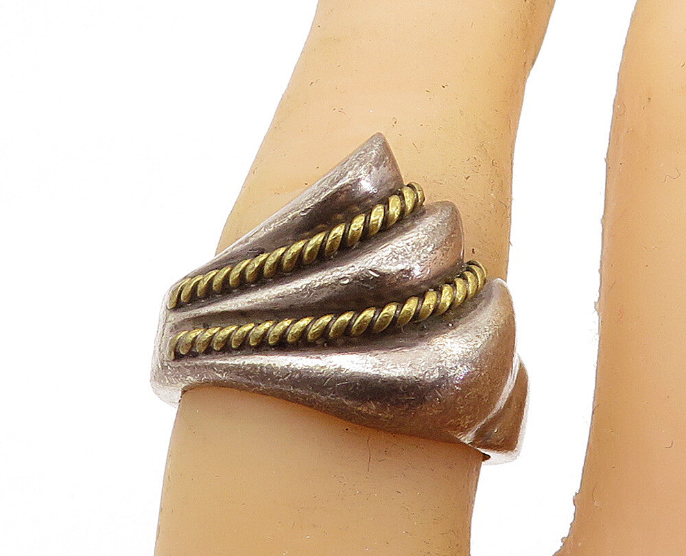 MEXICO 925 Silver  Vintage Two Tone Rope Twist Fluted Band Ring Sz 6.5  RG6977