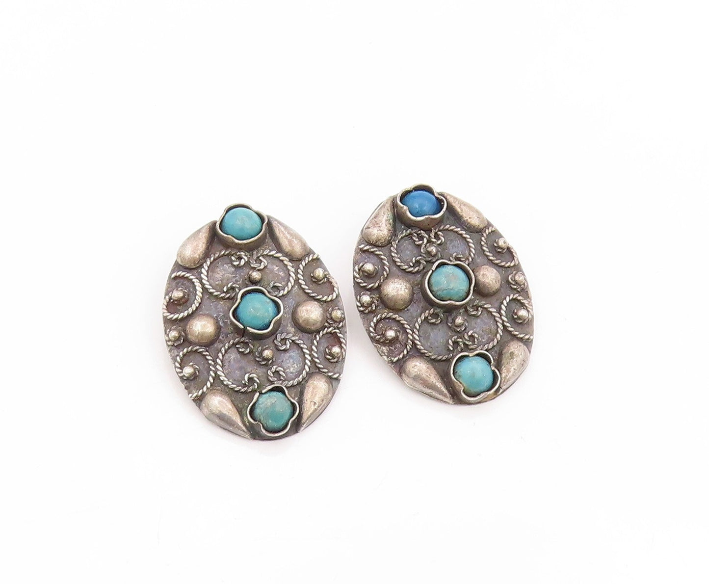 925 Sterling Silver Vintage Earrings Round Turquoise Scrollwork Clip On  EG14018