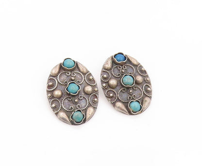 925 Sterling Silver Vintage Earrings Round Turquoise Scrollwork Clip On  EG14018