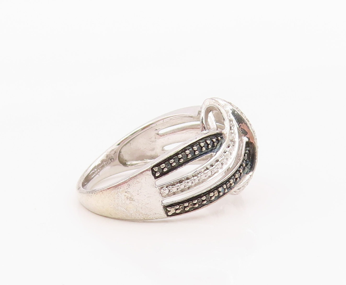 925 Sterling Silver Vintage Ring White & Black CZ Intertwined Band Sz 7 RG36351