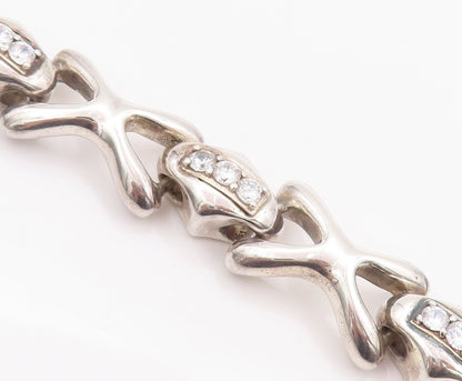 925 Sterling Silver Vintage Bracelet Puffed Topaz Row & 'X' Linked  BT10211