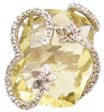 925 Sterling Silver Vintage Ring Floral Carved Amorphas Lime Quartz Sz 9 RG29865
