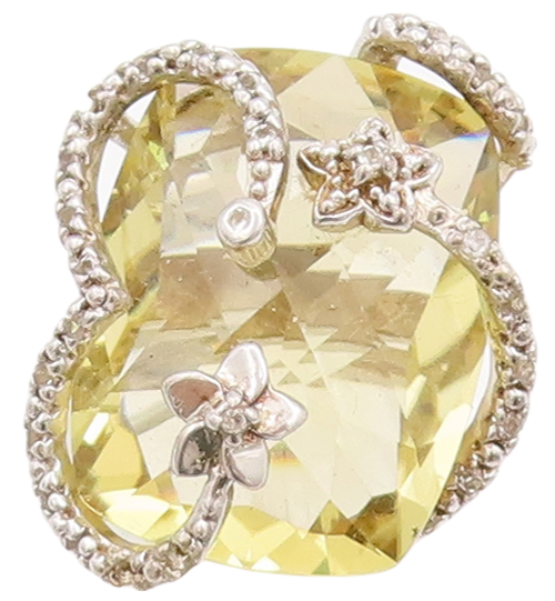 925 Sterling Silver Vintage Ring Floral Carved Amorphas Lime Quartz Sz 9 RG29865