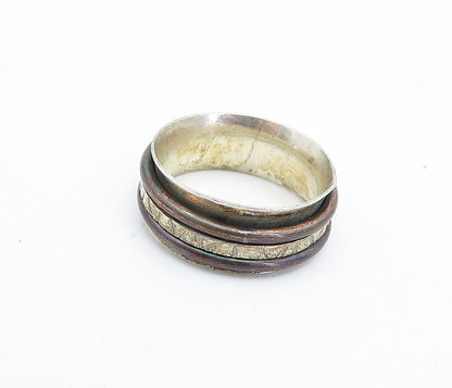 925 Sterling Silver  Vintage Two Tone Rustic Etched Spinner Ring Sz 8  RG3999