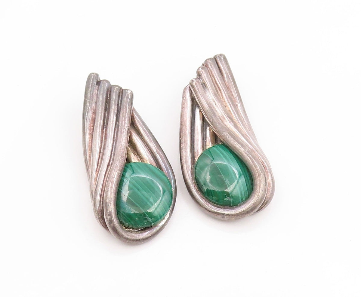 925 Sterling Silver Vintage Earrings Malachite Bold Swirly Large Clip On EG14025