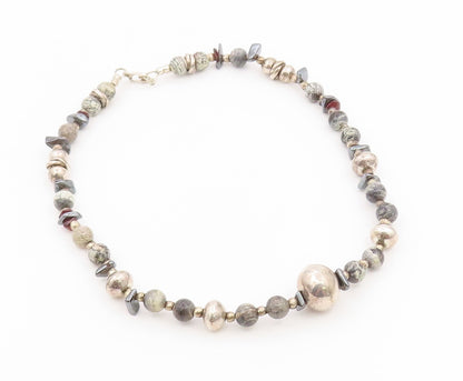 925 Sterling Silver Vintage Necklace Multi Gemstone Beaded Collar Choker  NE4925